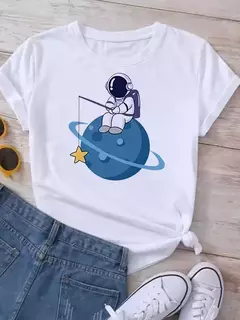 Camiseta feminina casual de manga curta com gola redonda, streetwear feminina, tops vintage, camiseta Maycaur, estampada com planeta lunar, moda camisetas na internet