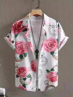 Homens e mulheres com estampa havaiana camisas de manga curta, lapela botão-down tops - Wolf Magazine