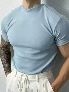 Imagem do Camiseta listra de gola alta masculina, blusa fitness de manga curta, roupa esportiva de lazer, moda primavera e verão, camisa esportiva
