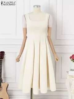 ZANZEA-Vestido Regular Feminino Sem Mangas, Vintage, Vestidos Linha A, Robe de Cintura, Casual, Colarinho Quadrado, Midi Robe, Feriado, Verão, 2022