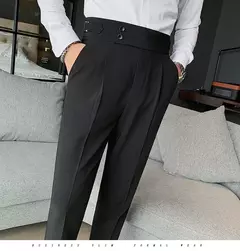 Homens estilo britânico ternos calças novo masculino sólido calças de cintura alta alta qualidade formal magro ajuste negócio casual terno calças - Wolf Magazine