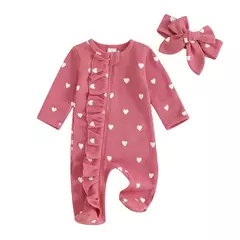 Pudcoco-macacão de bebê menina com estampa de coração, manga comprida para os pés, com zíper e bandana de 0 a 6 anos - loja online