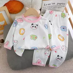 Pijama de algodão puro para meninos e meninas, camiseta fina de manga comprida, tops e calças lindos desenhos animados, conjuntos de roupas infantis, verão, novo, 2022