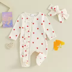 Pudcoco-macacão de bebê menina com estampa de coração, manga comprida para os pés, com zíper e bandana de 0 a 6 anos - loja online