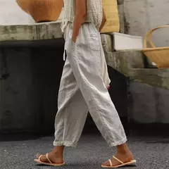 Calças femininas de linho de algodão, calça com cordão simples para senhoras, monocromático, elástico na cintura, casual e fina, bolsos, verão - comprar online