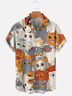 Imagem do Camisa havaiana dos desenhos animados de anime masculino, Tops de manga curta, roupas casuais masculinas, rua, animais, gatos, retrô, 3D Tees, verão