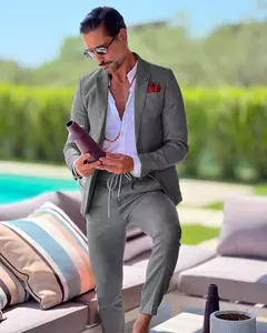 Terno de linho de peito único masculino, casaco casual, desgaste formal do trabalho, jaqueta, calças, slim fit, negócios, casamento, noivo, verão, 2 peças - comprar online