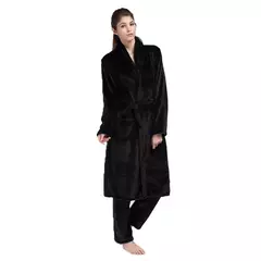 Camisola Nobre Flanela Preta, Longo Robe Termal, Conjunto de Pijamas com Calças, Roupa de Casa, Luxo, Outono, Inverno