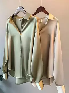 Imagem do Blusa feminina de manga comprida de cetim vintage, camisa sedosa, blusa de escritório de trabalho, camisa casual feminina, outono