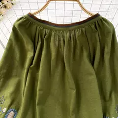 Blusa Bordada Manga Lanterna Longa com Decote V para Mulheres, Moda Casual, Camisas Vintage, Tops Femininos Minoritários, Drop Shipping, Outono