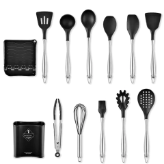 Conjunto de utensílios de cozinha de silicone com cabo oco de aço inoxidável, 12 peças, barril de armazenamento, colher de cozinha, batedor de ovos