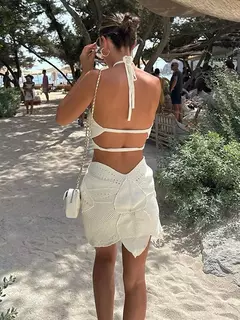 Vestido feminino de praia com alça curta, sexy oco malha sem encosto vestidos, padrão irregular, roupas de verão na internet