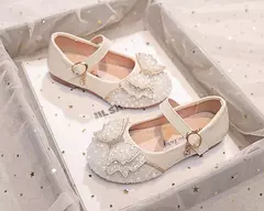 Salto liso da menina com arco pérola e strass, sapatos princesa para crianças, moda, outono