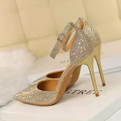 Mulheres Sexy 10cm Sandálias De Salto Alto Do Casamento Glitter Saltos De Noiva Champanhe Bombas De Ouro Fetiche Stiletto Crystal Glitter Strap Shoes na internet