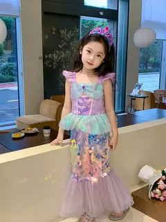 Imagem do Meninas escala roxa princesa sereia ariel cosplay vestido de halloween vestido de festa de aniversário meninas verão praia vestido de férias