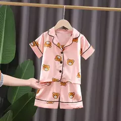Conjuntos de pijama de urso de meninos e meninas, pijamas infantis, roupas de dormir do bebê, camiseta de manga curta, tops com calças