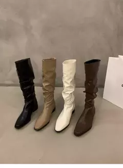 Botas altas para o joelho feminino, sapatos femininos, dobras deslizantes, salto baixo, dedo do pé redondo, plano, longo, moda, outono, inverno - comprar online