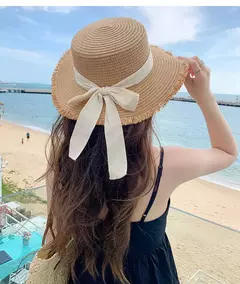 Chapéu de palha com laço feminino, aba larga, top macio, proteção solar, acessórios de praia, verão