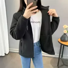 Casaco de gola polar reversível feminino, moletom casual, casaco com zíper solto, moletom de manga longa, moletom de inverno