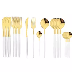 Aço inoxidável Golden Talheres Set, Faca, Garfo, Colher, Talheres, Talheres, Festival Cozinha, Louça, Presente, Punho Preto, 24pcs - Wolf Magazine