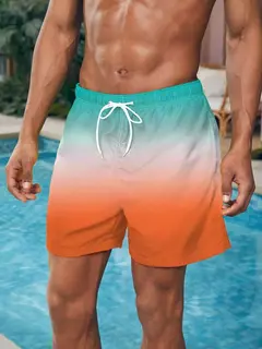 Imagem do Calção de banho gradiente cor bloco cordão masculino, cintura elástica, 3D Print, streetwear curto respirável, calções de praia, verão