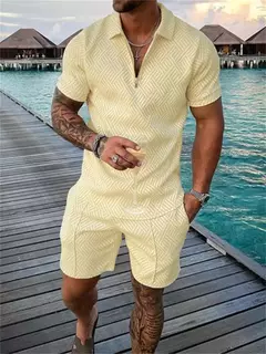 Conjunto de camisa polo e shorts monocromático impresso em 3D masculino, agasalho com zíper, camiseta extragrande, ternos, roupas, moda verão, 2 peças - loja online