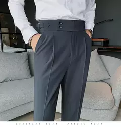 Homens estilo britânico ternos calças novo masculino sólido calças de cintura alta alta qualidade formal magro ajuste negócio casual terno calças - loja online