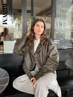 TRAF-Jaqueta curta de couro sintético feminina com cinto, casaco vintage extragrande, streetwear solto, zíper feminino, outwear retrô Moto Biker