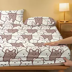 Urso de pelúcia bonito impresso fosco cabido folha para quarto, tampa de cama, cama, 1 desenho animado, excluindo fronhas, bonito na internet