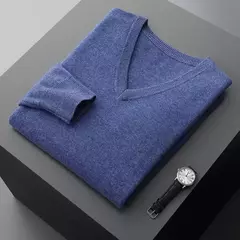 Suéter de cashmere com decote em v masculino espesso solto, lã de cor sólida, malha, casual para negócios novo, outono e inverno - comprar online
