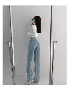 Imagem do Jeans vintage drapejado de cintura alta feminino, calças de perna reta, jeans drapejado solto