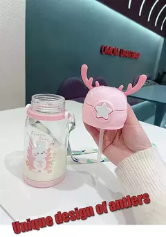 Garrafa de água Deer Horn para crianças, grande capacidade, copo de palha de plástico, estudante, menina kawaii, crianças, desenhos animados, 500ml - loja online