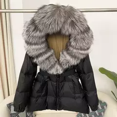 Imagem do Oftbuy 2024 jaqueta de inverno feminina gola de pele de raposa natural real com capuz grosso quente 90% pato branco para baixo casaco feminino streetwear casual