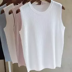 Tops finos sem mangas com o pescoço em O feminino, coletes de malha, blusa casual, camisa verão, nova moda, 2024 - loja online