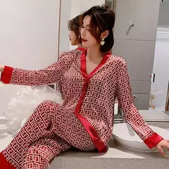 Conjunto de pijama tipo seda para mulheres, design gola V, estampa com letras cruzadas, pijamas luxuosos, roupas domésticas, pijamas de tamanho grande, XXL na internet
