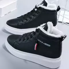 Botas de pelúcia quente PU para mulheres, sapatos de inverno, apartamentos, rendas, botas de neve curtas, senhoras, 2022 - loja online