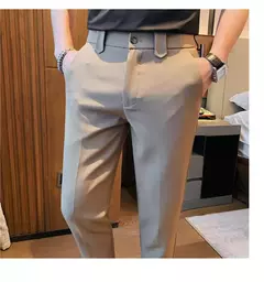 Calça de cintura elástica cor sólida para homens, calça casual slim fit, vestido de festa social, roupas de negócios de alta qualidade - loja online