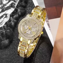 Mulheres Relógio de pulso strass e conjunto de joias, Relógio Quartzo, Dourado, Luxo, Anel, Colar, Brinco, Casual, senhoras, Fashion - loja online