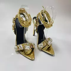 Sandália de salto alto com alça de fivela feminina, estilete baixo de strass p - comprar online