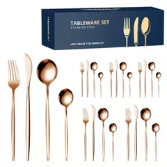 Conjunto de talheres de aço inoxidável, faca e garfo, produto comestível, durável, 4 conjuntos de 6 pessoas, ouro, garfo, colheres, 24 pcs - Wolf Magazine