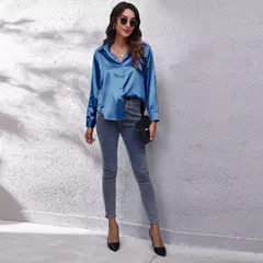 Blusa feminina de cetim manga longa, camisa cetim, tops de seda, vestuário europeu e americano, novo - loja online