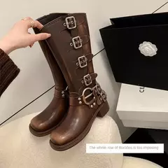 Botas de combate de plataforma para mulheres, salto Zip Chuny, fivela, moda vintage, casual, designer de luxo, Western Mid Calf Shoes - Wolf Magazine