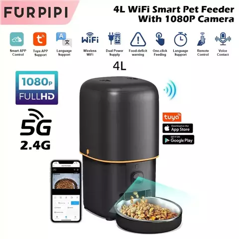 Alimentador automático para gatos, câmera inteligente para animais de estimação, dispensador de comida para gatos, 2.4g/5gwifi, controle por aplicativo tuya, alimentador automático para acessórios de cães e gatos