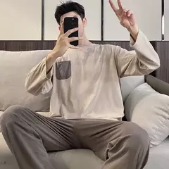 Pijama masculino de malha de algodão, simples Homewear lazer, gola redonda, loungewear sólido, tamanho grande, pulôver esportivo, novo - Wolf Magazine