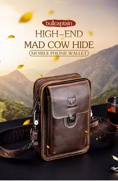 BULLCAPTAIN-Pacotes de Cintura de Couro Genuíno para Homens, Cinto Casual, Bolsa de Telefone Móvel 100% Couro Pequena Bolsa de Ombro