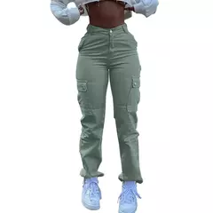 Calças monocromáticas para mulheres, calças simples com zíper frontal, cintura alta, streetwear com vários bolsos, slim fit, moda streetwear, Y2k - comprar online