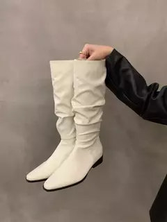 Botas altas para o joelho feminino, sapatos femininos, dobras deslizantes, salto baixo, dedo do pé redondo, plano, longo, moda, outono, inverno na internet