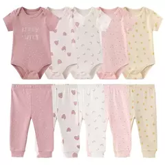 Conjuntos de roupas de algodão unissex para bebê recém-nascido, bodysuits e calças, desenhos animados, manga curta, bebê menino e menina, 6 unid, 9 unid, 10 unid