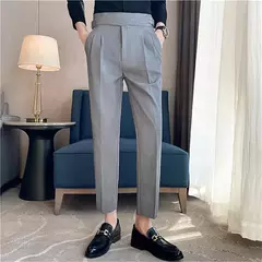 Estilo britânico dos homens de cintura alta vestido casual calça masculina cinto design calças finas formal escritório social vestido de festa de casamento terno calças - loja online
