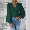 Pulôver feminino com decote V profundo, blusa feminina de manga comprida, tops casuais diários, cintura solta e magro, crossover, primavera, outono